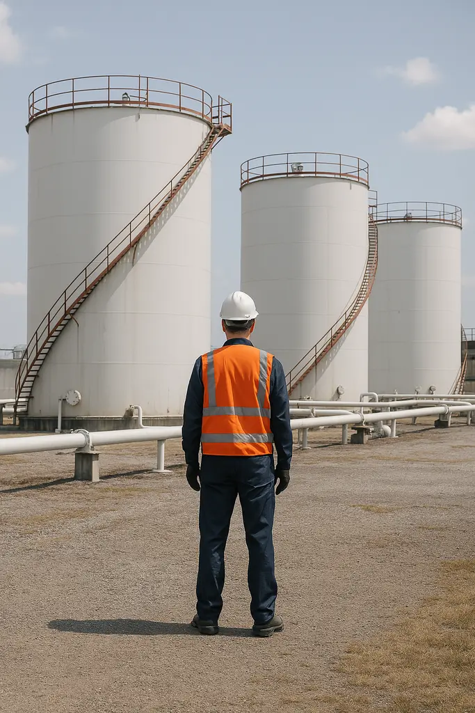 Industrial site with a worker in high-visibility gear and large white fuel or grain storage tanks