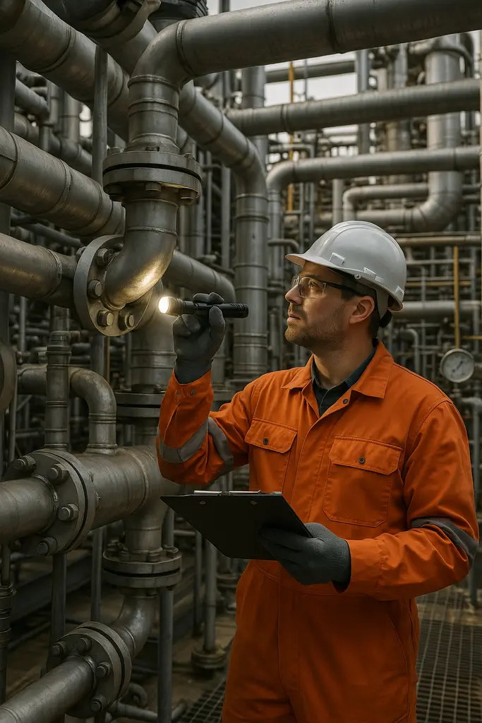 A worker wearing a bright orange high-visibility jumpsuit and a white hard hat inspects equipment within a complex industrial or maritime engine room.