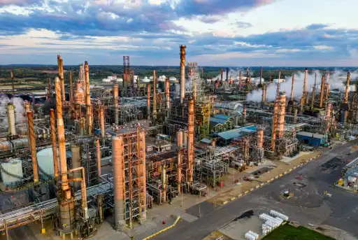Aerial view of industrial refinery under construction with cranes and infrastructure